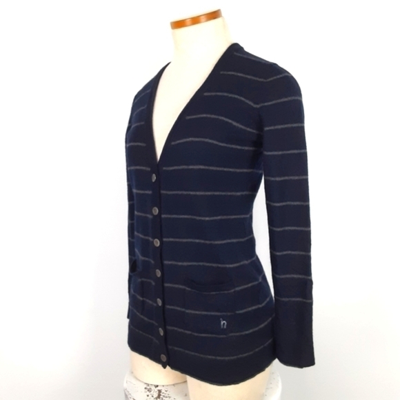 Hazzys Made In Korea Wool Blend Stripe Cardigan In White/Navy Combo Size Small - Picture 3 of 10